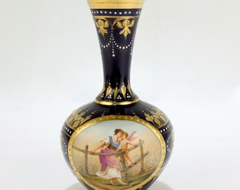Signed Antique Royal Vienna Style Porcelain Gilt & Hand Painted Cobalt Blue Vase
