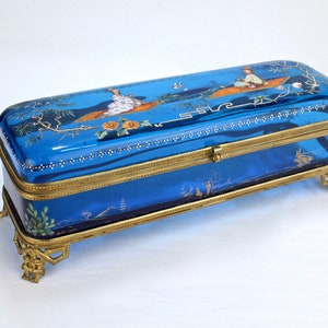 Large Japonisme Moser Bronze Mounted & Enameled Blue Glass Casket Box - GL