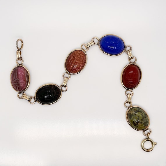 Vintage Gold Filled & Multi-Gemstone Scarab Brace… - image 1