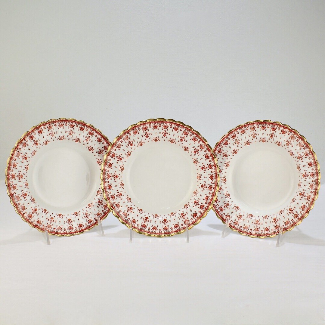 Set of 3 Spode Fleur De Lys Red Bone China Rim Soup Bowls Gold Trim ...