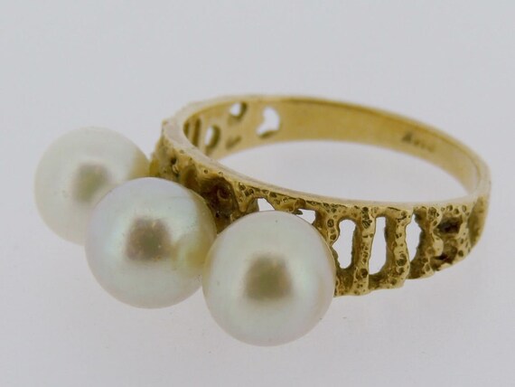 Vintage Modernist 14k Yellow Gold Three Pearl Coc… - image 7
