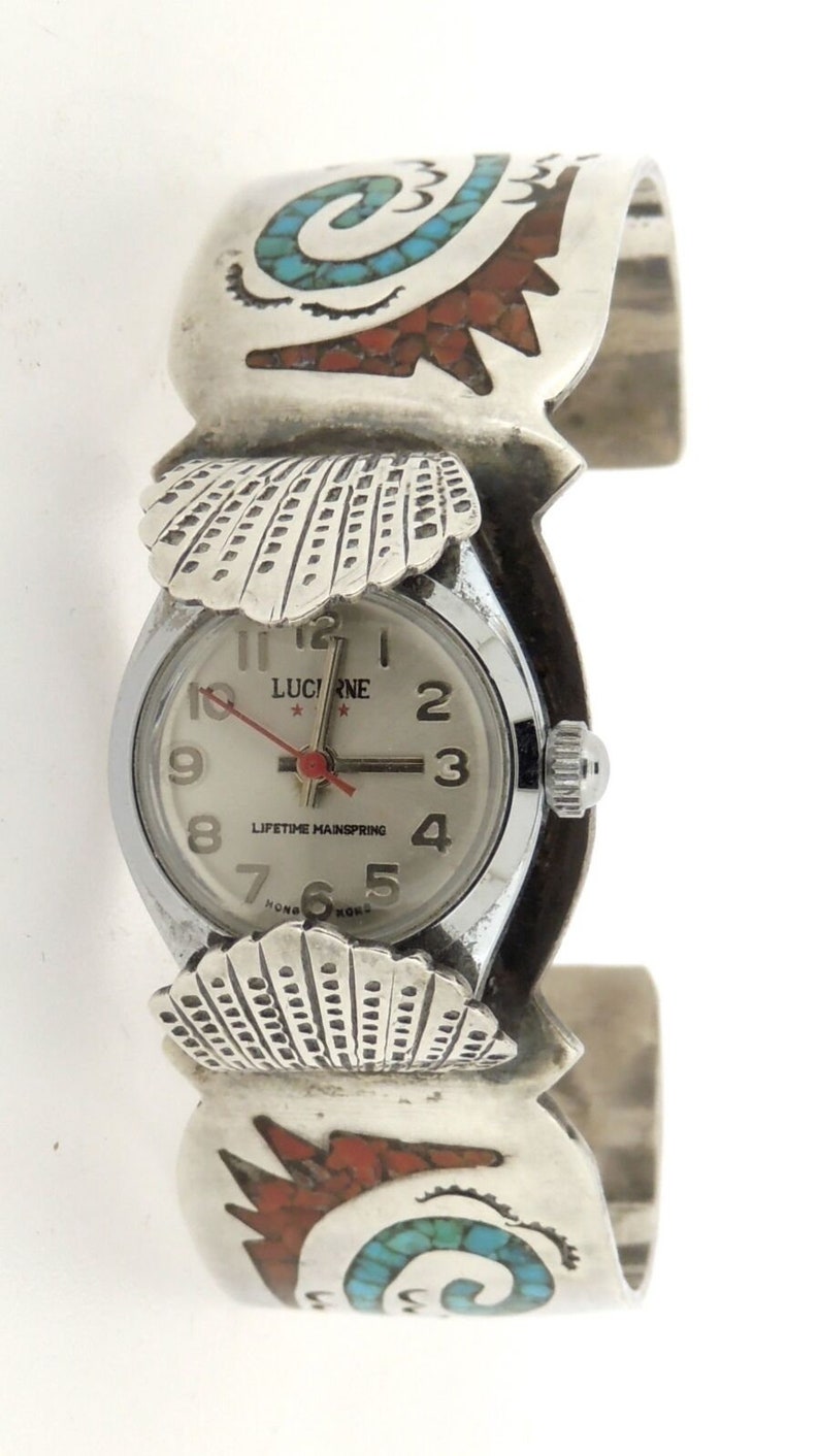 Signed Old Pawn Navajo Sterling Silver Turquoise Coral Cuff Watch ...