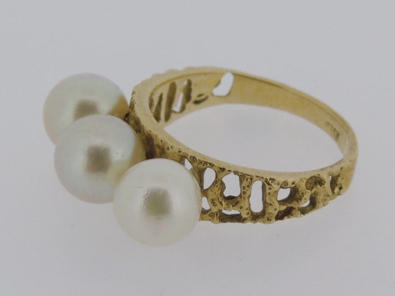 Vintage Modernist 14k Yellow Gold Three Pearl Coc… - image 3
