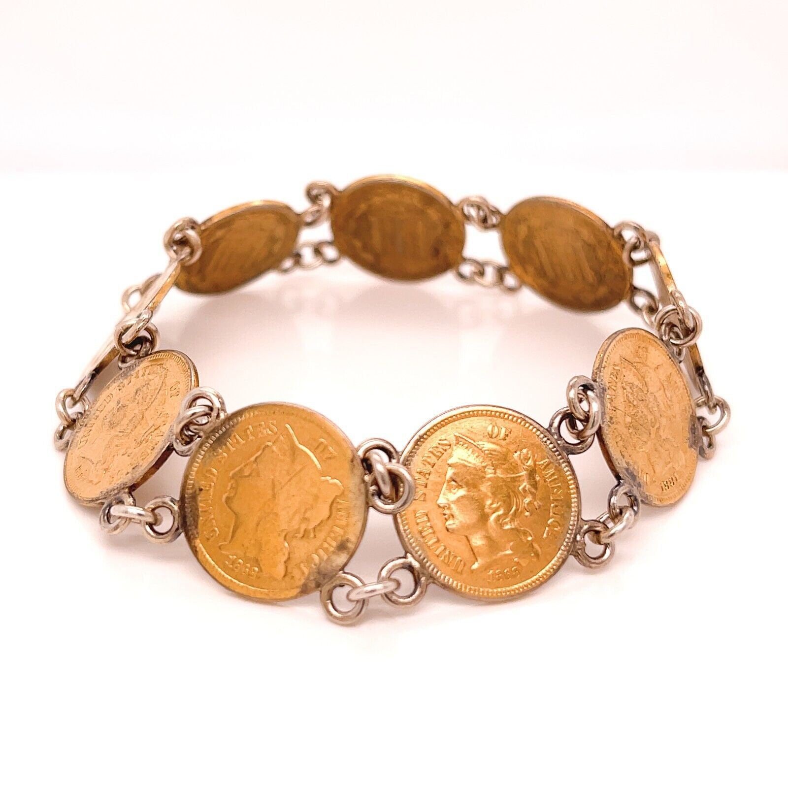 Antique Coin Bracelet With Gold Plated American 3 Cent Nickel