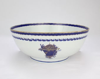 Antique 18th Century Chinese Export Porcelain Punch Bowl with Old Staple Repair
