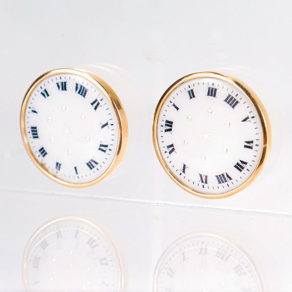 Pair of 14k Gold & Enamel Clockface Stud Earrings - image 4