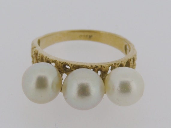 Vintage Modernist 14k Yellow Gold Three Pearl Coc… - image 2