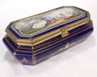 Antique Hand Painted Jeweled French Sevres Type Cobalt Blue Porcelain Table Box