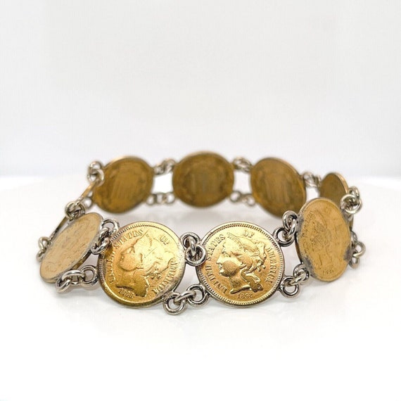 Antique Coin Bracelet With Gold Plated American 3 Cent Nickel