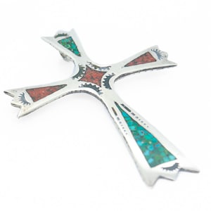 Vintage Southwestern Silver, Turquoise, and Coral Pendant Cross for a Necklace