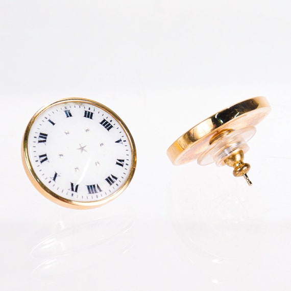 Pair of 14k Gold & Enamel Clockface Stud Earrings - image 3