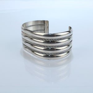 Signed Vintage Large Sterling Silver Navajo Cuff Bracelet by Tahe - Wide VR