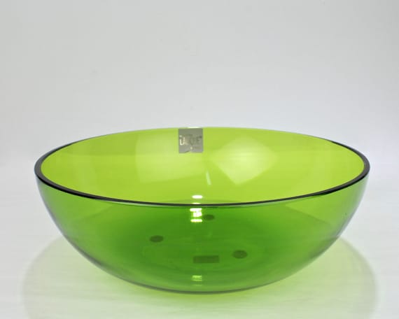 Vintage 9 Inch Lalique Green Glass Uni Pattern Bowl - Crystal