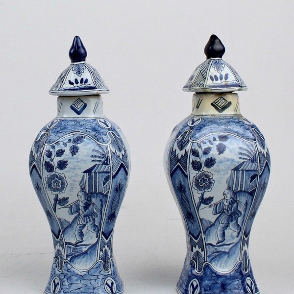 Pair Antique Miniature Blue & White Chinoiserie Delft Garniture Vases