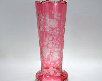 Antique Bohemian Cranberry Overlay Cut to Clear Glass Vase With Roses - GL