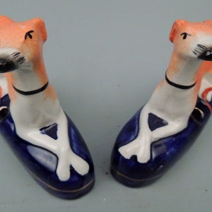Pair 19C Staffordshire Pottery Whippet Inkwells Greyhounds Figurine