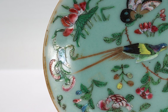 Antique Chinese Export Porcelain Celadon Plate With Butterfly