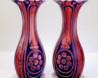 Pair Antique 3-Color Blue, White & Cranberry Overlay Bohemian Cut Glass Vases