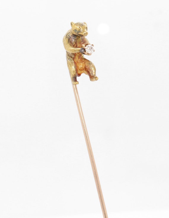 Antique Gold & Diamond Figural Walking Bear Stickp