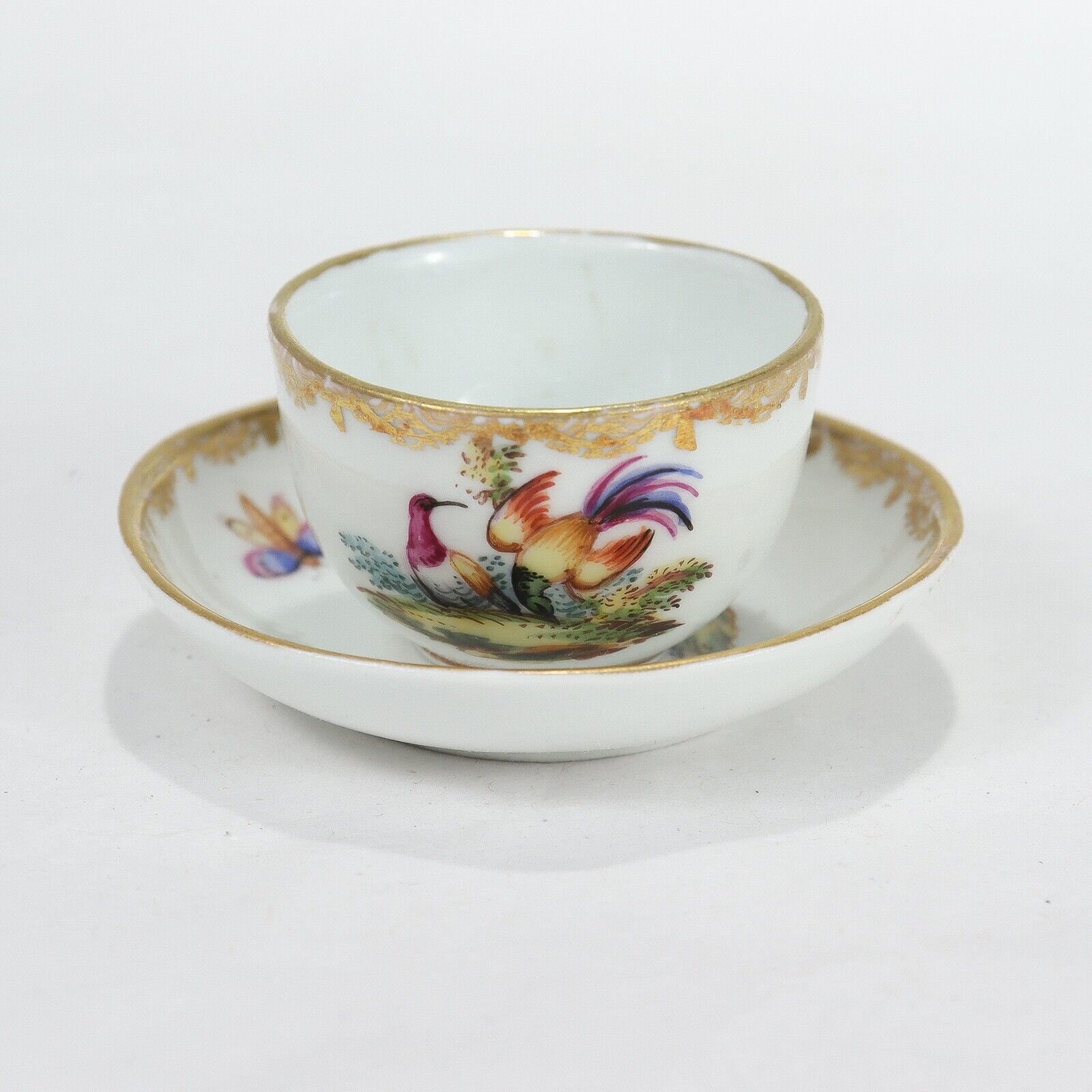Antique Meissen Porcelain Miniature Tea Cup & Saucer With Birds of