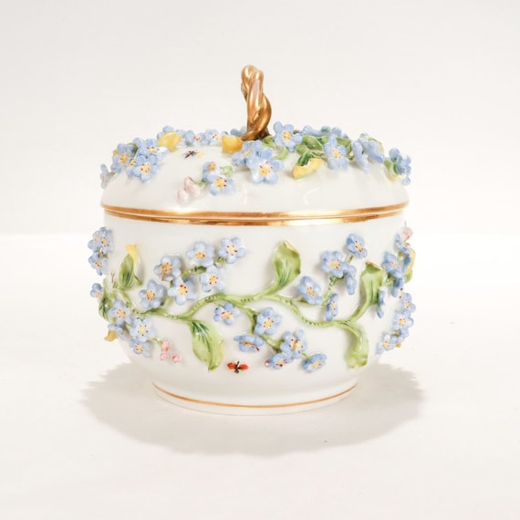 Antique DresdenGerman Porcelain Flower Encrusted Box… Gem