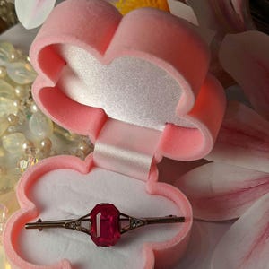 Könnte beinhalten: Eine Brosche mit einem roten Edelstein, einer goldenen Fassung und kleinen, klaren Steinen. Die Brosche befindet sich in einer rosa Samt-Schmuckschatulle.