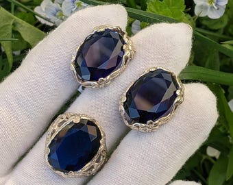 Conjunto de anillo y pendientes de plata de ley 925 con alpanita azul intenso, talla de anillo 10.