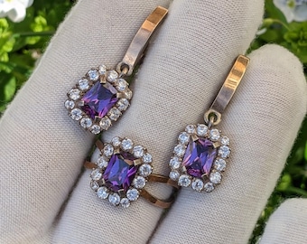 Earrings and Ring Set, 925 Sterling Silver with 375 Gold Plates, Purple Cubic Zirconia