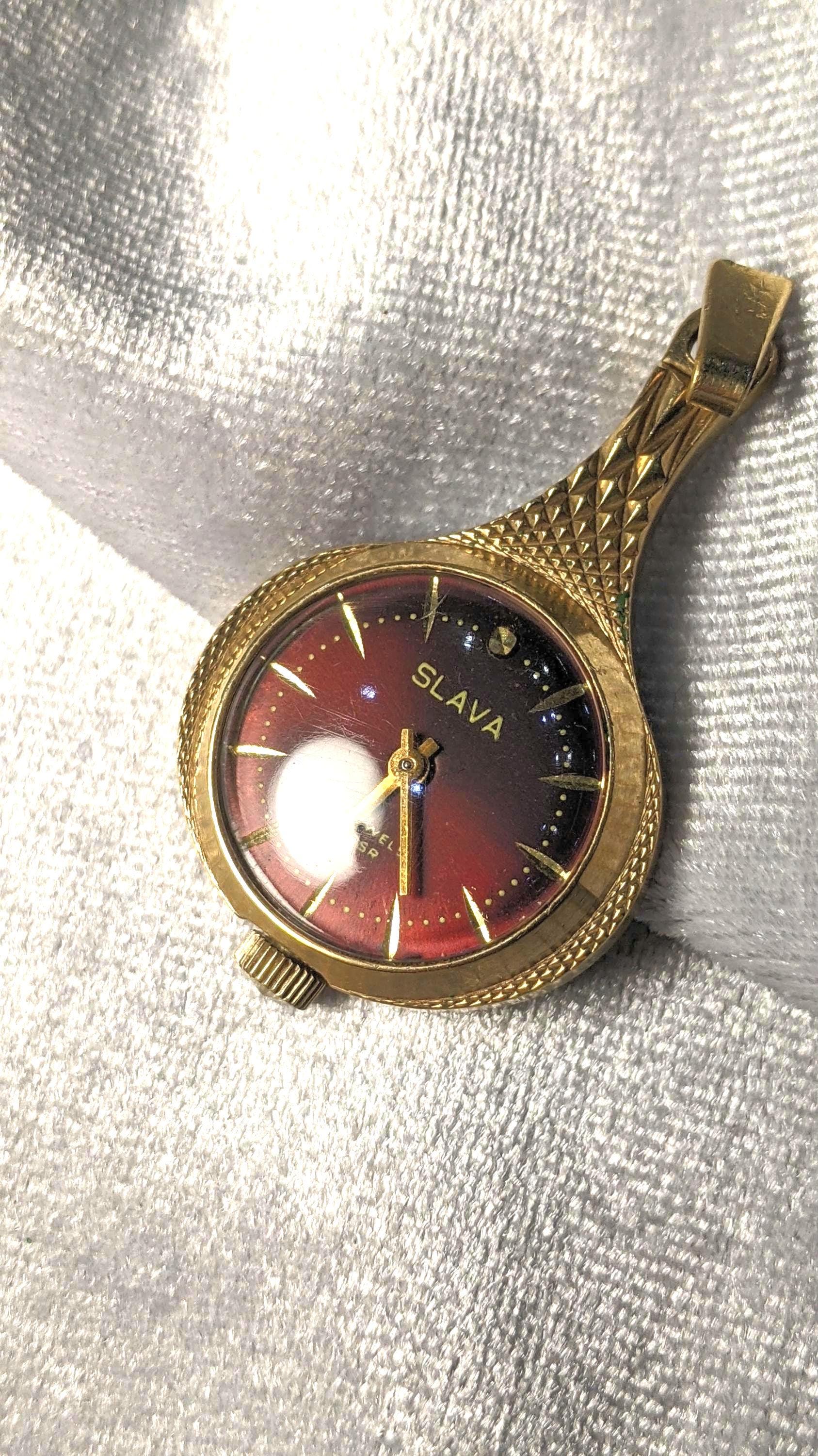 Vintage Soviet Slava Pendant Watch, Gold-plated (au 5), 17 Jewels