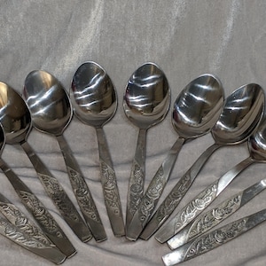 Set of 12 Vintage Soviet ZISH Stainless Steel Spoons, USSR Flatware, Rose Pattern