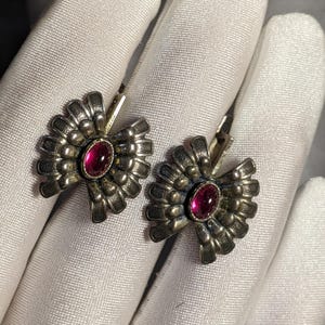 Op de afbeelding: Een paar zilverkleurige oorbellen met een waaiervormig ontwerp. Elke oorbel heeft een centrale, ovale, dieprode edelsteen. De oorbellen worden op een wit oppervlak gepresenteerd.