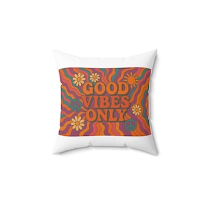 Good Vibes Only Psychedelic Throw Pillow - 70s Retro Groovy Peace Sign Flower Power Home Decor