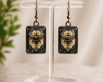 Bee Rectangle Dangle Earrings – Honeybee Stained Glass Style Jewelry, Bronze Frame Gift