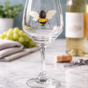 May include: A clear wine glass with a detailed bee design. The bee has black, yellow, and white coloring. A bottle of white wine, a cork, and a wine opener are in the background. Grapes and a cloth are also visible.