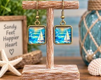 Sailboat Earrings, Beach Earrings, Coastal Dangle Earrings, Ocean Jewelry, Nautical Jewelry, Sailing Gift, Beach Lover Gift for Her