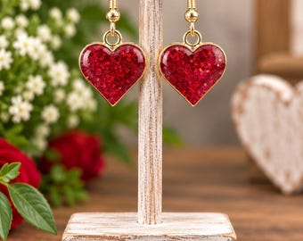 Red Heart Earrings, Glitter Heart Dangle Earrings, Romantic Jewelry, Valentine Earrings, Love Earrings, Statement Gift for Her
