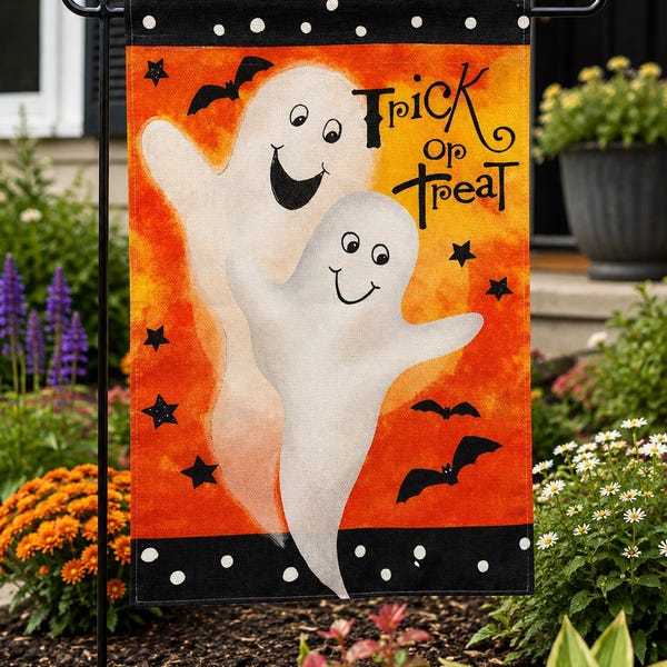 Halloween Trick or Treat Garden Flag – Cute Ghosts & Bats Outdoor Fall Yard Decor