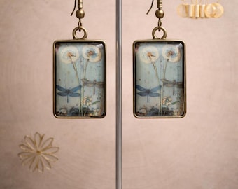 Löwenzahn & Libelle Ohrringe - Vintage Stil Bronze Rechteck Ohrringe | Natur inspirierter Schmuck