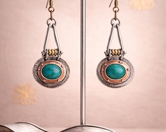 Boho Turquoise Color Earrings, Rustic Dangle Earrings, Mixed Metal Jewelry, Western Style Earrings, Teal Stone Earrings, Gift for Her