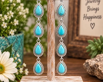 Turquoise Teardrop Earrings, Long Turquoise Dangle Earrings, Western Jewelry, Southwestern Earrings, Boho Statement Earrings, Gift