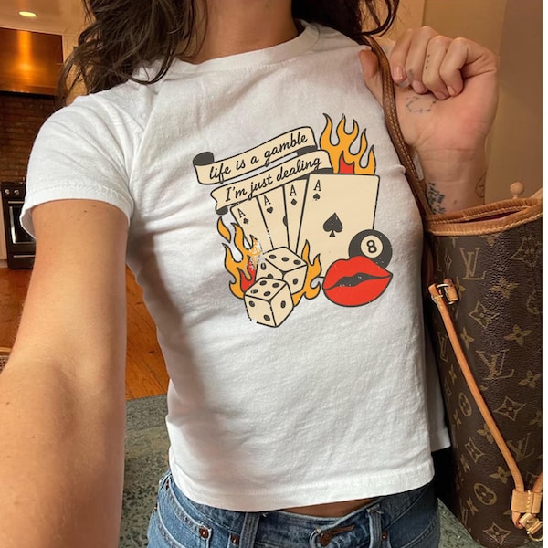 Life Is a Gamble Crop Top – Funny Y2K Baby Tee, Retro Vegas Graphic T Shirt, Dice Card Flame Design, Bold Aesthetic Tee, Gift for Her