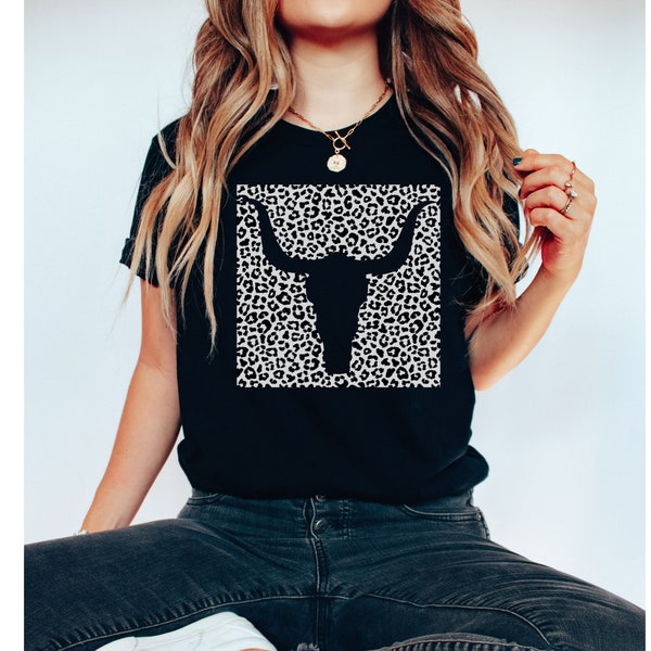 Leopard Bull T shirt for Women, Cheetah Print T-Shirt, Retro Leopard Cow Print Tee, Black White Bull Skull Shirt