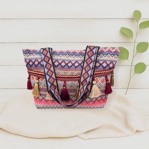 Boho Ethnic Tote Bag with Tassels, Colorful Tribal Pattern Shoulder Purse, Large Canvas Market Bag, Beach or Everyday Bag, Gift for Her