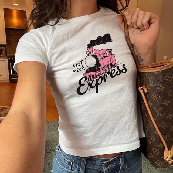 Hot Mess Express Baby Tee, Funny Gift for Her, Funny Chaos Shirt, Pink Train Graphic Shirt, Y2K Relatable Tee, Gen Z Mental Health Crop Top