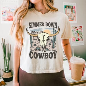 Simmer Down Cowboy Comfort Colors Crop Top, Funny Western Cowgirl Crop Shirt, Desert Skull Graphic Tee, Country Concert Outfit, Rodeo  Top