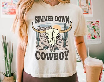 Simmer Down Cowboy Comfort Colors Crop Top, Funny Western Cowgirl Crop Shirt, Desert Skull Graphic Tee, Country Concert Outfit, Rodeo  Top