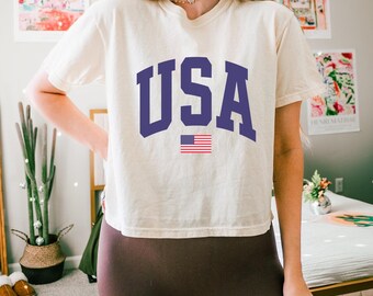 USA Flag Crop Top, Independent Day Shirt, Retro 4 of July T- shirt, Comfort Colors Crop Shirt, 4th of July, Patriotic Shirt, American Flag