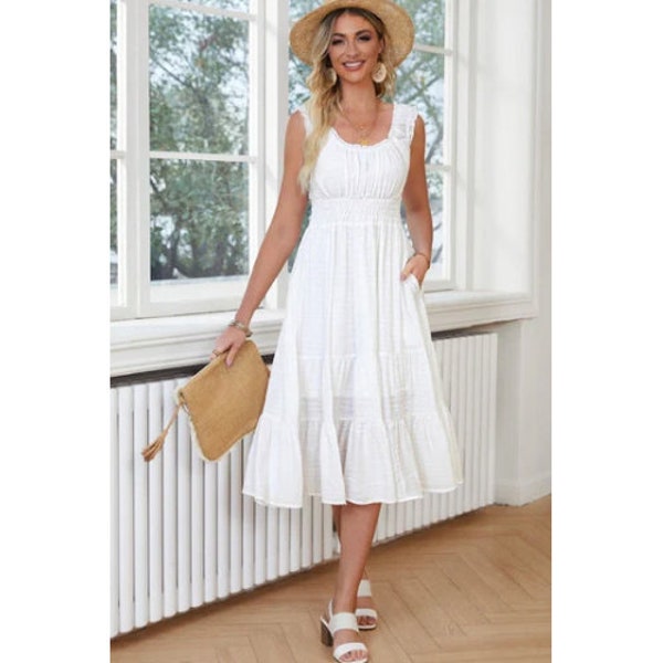 Midi White Dress Sleeveless Ruched Summer Casual Style