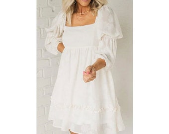 Long Sleeve White Dress Mini Applique Puff Sleeve Square Neck Ruffle