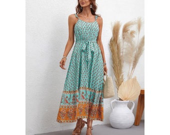 Boho Green Dress Maxi Sleeveless Floral Print Spaghetti Strap Bohemian Chic Tie Waist